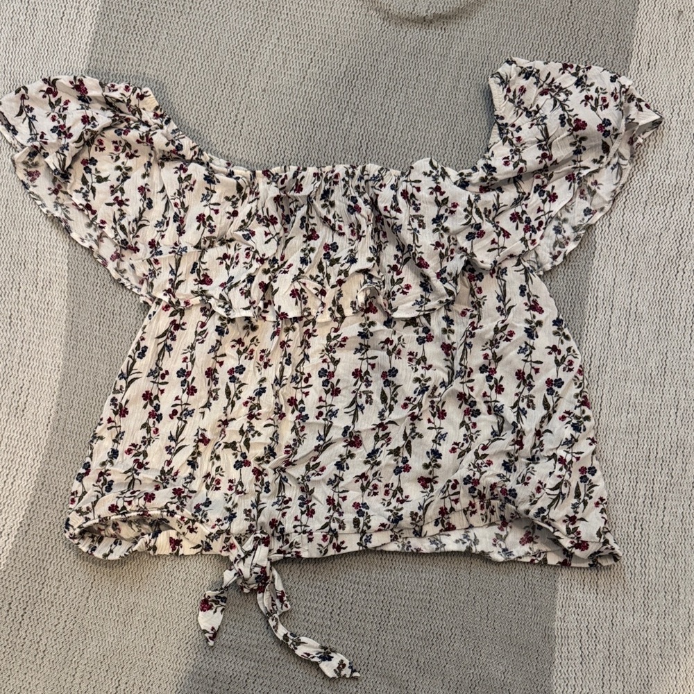American Eagle Outfitters XL Cream Floral Off-Shoulder Tie-Front Crop Top